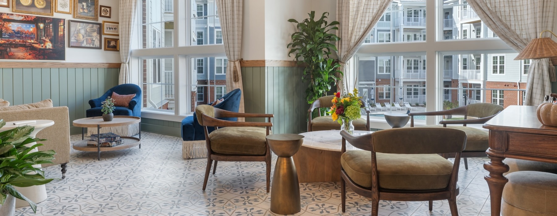 a clubroom with chairs and tables